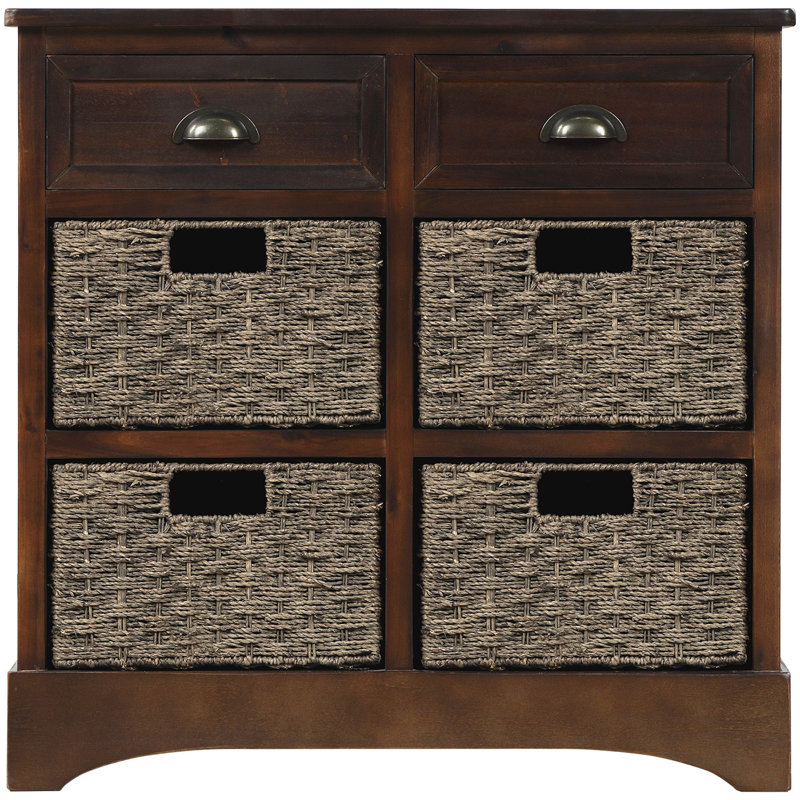 Armoire de rangement rustique avec deux tiroirs et quatre paniers en rotin classiques pour la salle à manger / salon