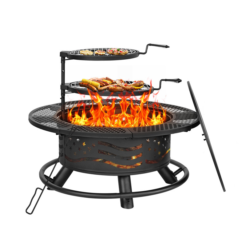 Wood Burning Fire Pit Table with Grill, 28.7" H x 42" W x 42" D