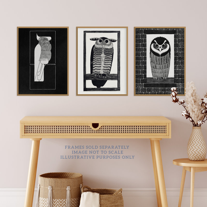 Julie De Graag Black White Graphic Linocut Owl Parrot Vintage Bird - 3 Piece No Frame Print Set