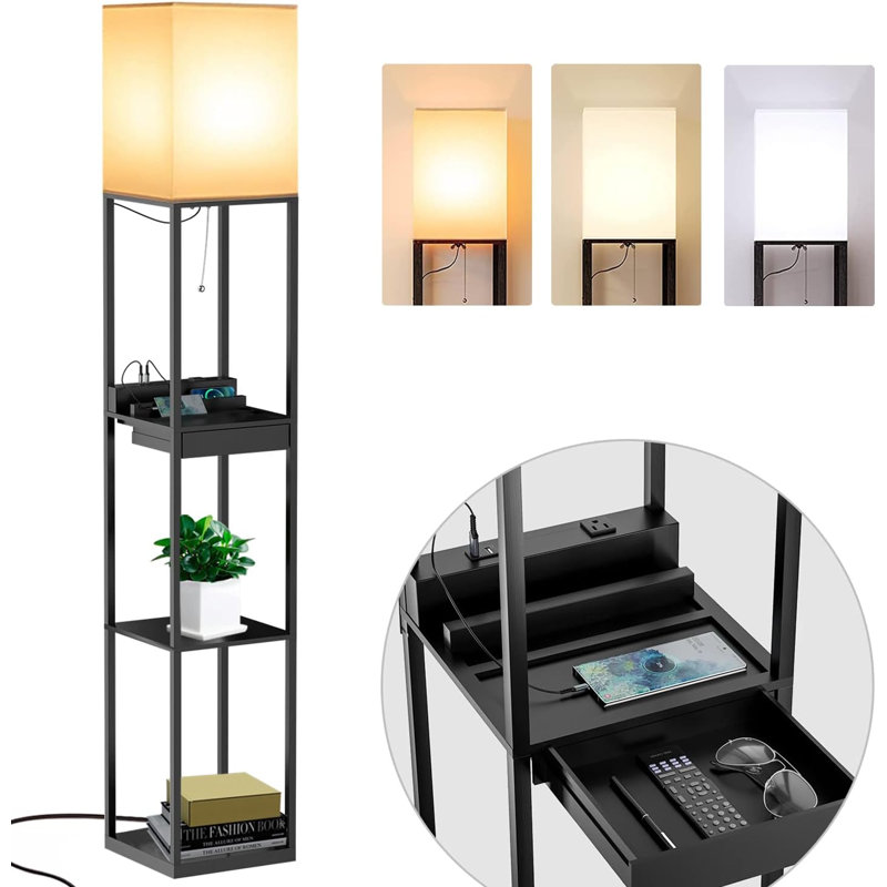 Tall Floor Lamp With Shelves, Drawer, USB Ports & Power Outlets - Black