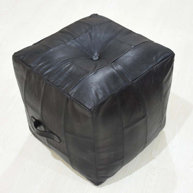 Solid Handmade Buffalo Leather Square Pouf (Recycled Foam With Fibre Fill), Brown Leather, 14" H x 14" W x 14" D