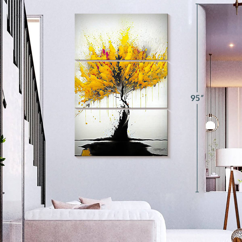 Harnek Abstract Splattered Yellow Tree, 74" H x 48" W