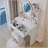 17" Round LED Mirror Vanity Table + Soft Cushion Stool Suit, Large Mirror, Touch Switch, 3 Colors, Adjustable Brightness, Large Desktop, Multi-Layer High Capacity Storage, Suitable For Small Space-1192483102