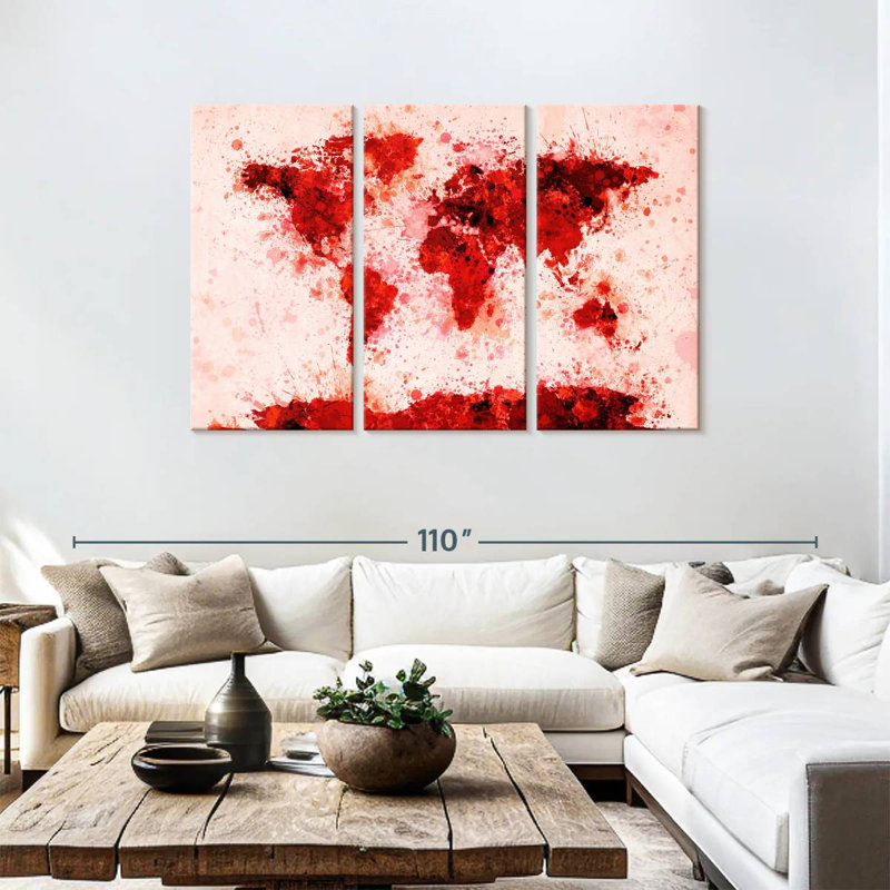 Aliaz World Map Paint Splashes Red, 48" H x 74" W