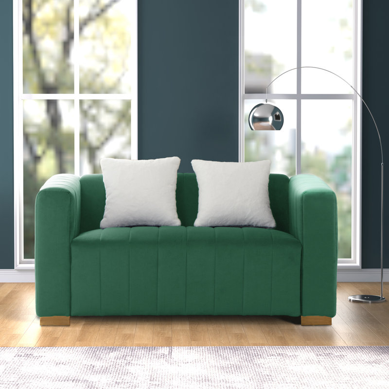 Causeuse à accoudoirs carrés en velours 62,6 po avec 2 coussins Clifford, H 27,56 po x l 62,6 po x P 33,86 po, Vert, Doré