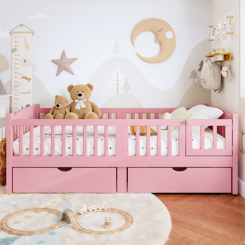 Lit plateforme simple avec garde-corps pleine longueur et tiroirs de rangement, Rose