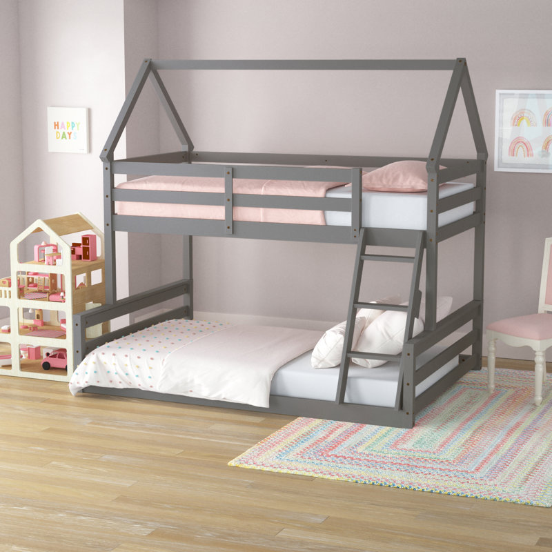 Godana Twin over Full House Bunk Bed with Built-in Ladder, Gray