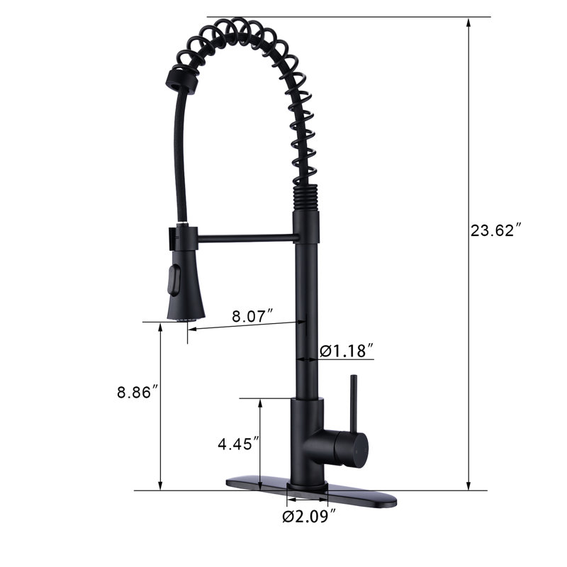 Matte Black Kitchen Faucet With Pull Down Spray, Spring High Arc, Rust & Corrosion , Stainless Steel 304, 23.62" Overall Height, 1.8Gpm Flow Rate , Single Handle Arc Design, Scratch Finish, 304