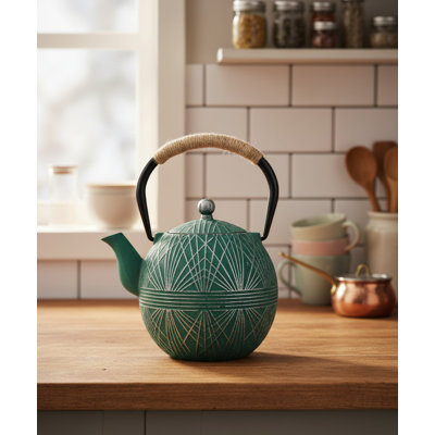 Théière en fonte émaillée 34 onces / 1000 ml | Infuseur amovible en acier inoxydable de style japonais, poignée ergonomique | Coffre-fort pour cuisinière, vert et argent (vert et argent) - pour thé en feuilles