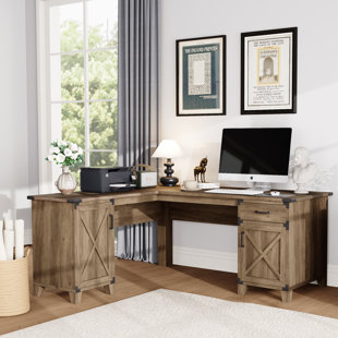 66" L Shaped Executive Desk With Drawers, Farmhouse Home Office Desk Wfile Cabinet Storage, Wooden Computer Desks With Keyboard Tray,Writing Desk With Scratch-Resistant Wear-Resistant