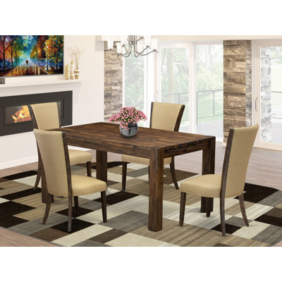 Ensemble de mobilier de salle à manger 5 pièces comprenant une table rectangulaire en bois rustique et 4 chaises rembourrées en tissu brun, 36 x 60 pouces, jacobin