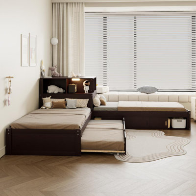 L Shaped Wooden Storage Platform Bed Frame with Desk and Trundle
