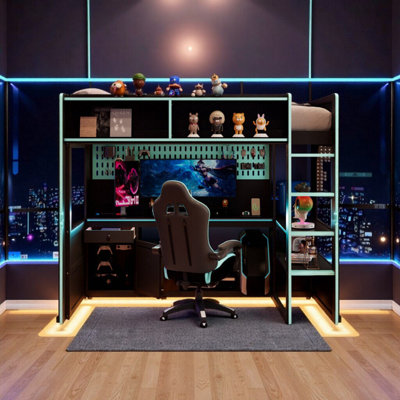 Twin/Full Size Gaming Loft Bed With Desk, Charging Hub & Storage, Sturdy Wooden Frame