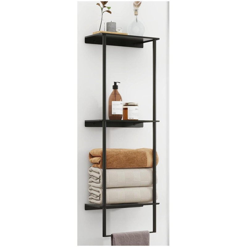 Rangement à serviettes pour salle de bain, porte-serviettes à 3 niveaux avec tablette et barre à serviettes, porte-serviettes mural pour rangement et organisateur de serviettes de salle de bain - noir mat