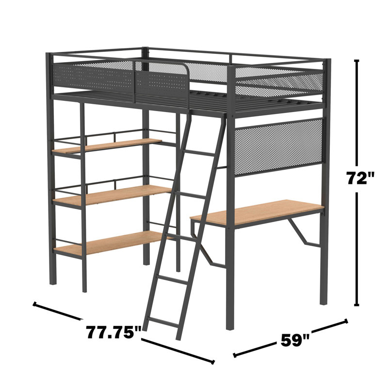 Lit mezzanine à 3 tablettes pour poste de travail simple, noir mat, Matte Black