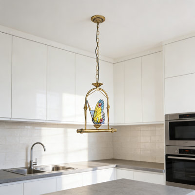 Luminaire suspendu en vitrail papillon de 41 po de hauteur, cadre en fer bronze antique, ampoule E26 chaude incluse