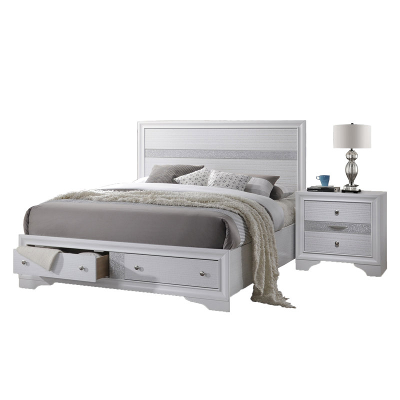 Ensemble de chambre à coucher 2 pièces avec rangement au pied de lit, Blanc, Très grand lit