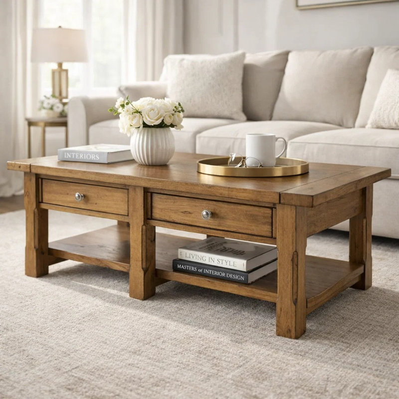Table basse Vory, plateau supérieur 54 po avec 2 tiroirs, tablette inférieure, brun moyen