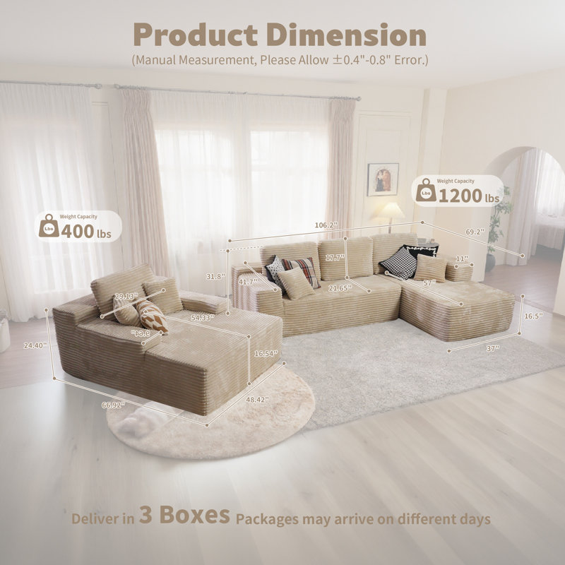 Canapé modulaire en velours côtelé avec causeuse et méridienne 3 pièces sans assemblage Seren, Orienté à droite, Beige