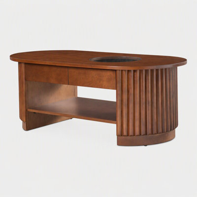 Mid-Century Modern Fluted Oval Coffee Table with Drawers, Tempered Glass Inset Top 2-Tier Wooden Cocktail Table, Storage Center Table