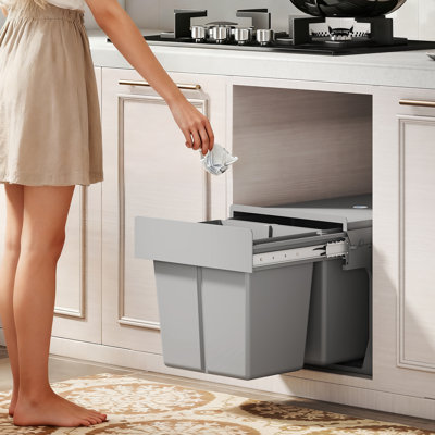 Poubelle escamotable 8 gallons, poubelle avec 2 seaux, gris clair