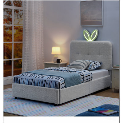 Lit enfant capitonné avec tête de lit oreilles de lapin de différentes tailles, lumière DEL et 4 tiroirs de rangement, tissu bouclé