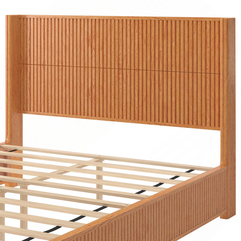 Structure de lit plateforme en bois massif avec tête de lit haute, aucun sommier requis, assemblage facile, Natural, Queen