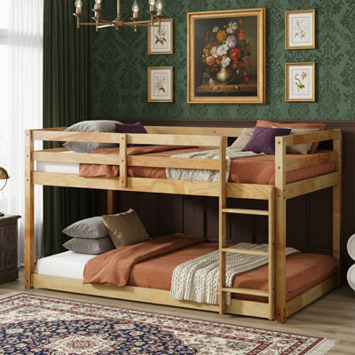  77" L Twin-over-Twin Low Profile Floor Bunk Bed, Solid Wood Frame, Nature