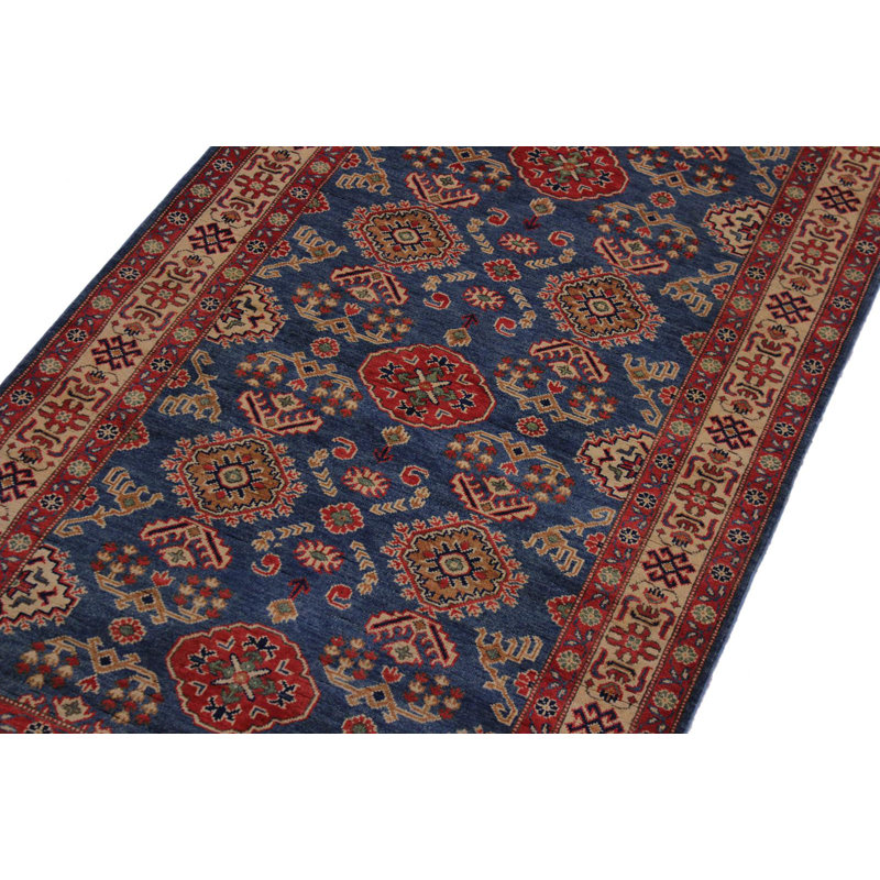 Tapis rouge / bleu en laine noué à la main 4 pi 1 po x 13 pi 5 po Madeeha