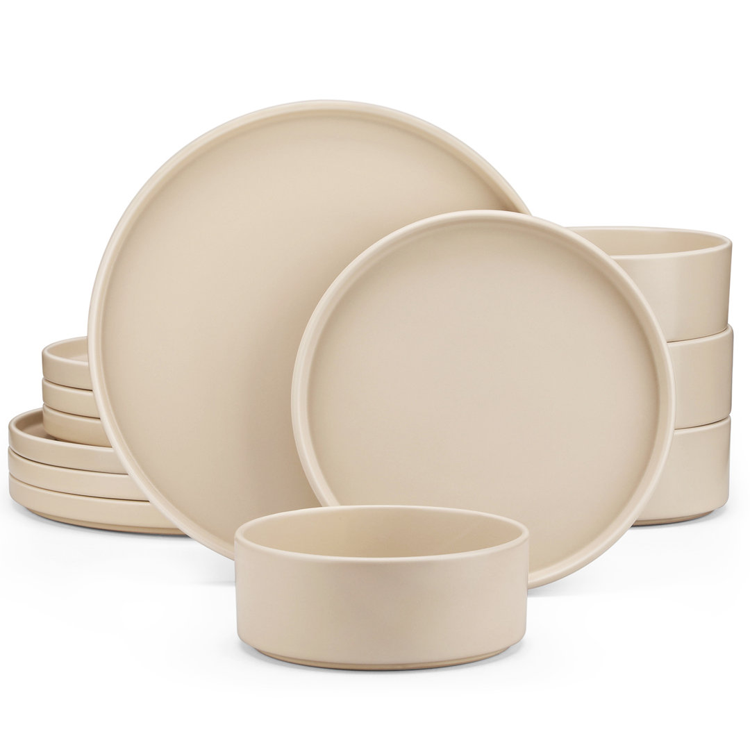 12 Pcs Ceramic Dinnerware Set, Dinner Plates, Dessert Plates And Soup Plates For 4 Person, Beige Set