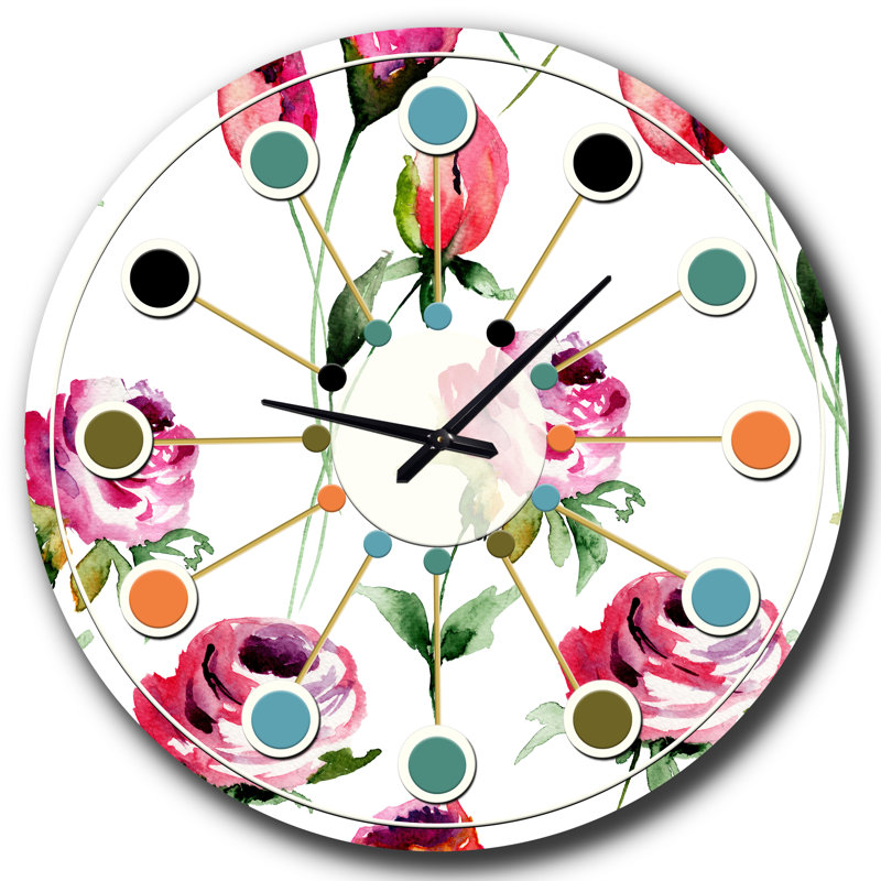 Motif de fleurs roses - horloge murale moderne Mid-Century, Petit