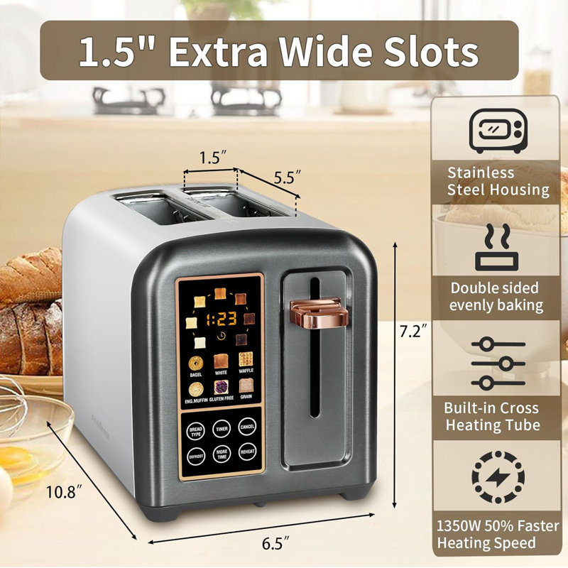 Toaster 2 Slice, Stainless Toaster LCD Display&Touch Button, 50% Faster Heating Speed, Wide Slots, Gray