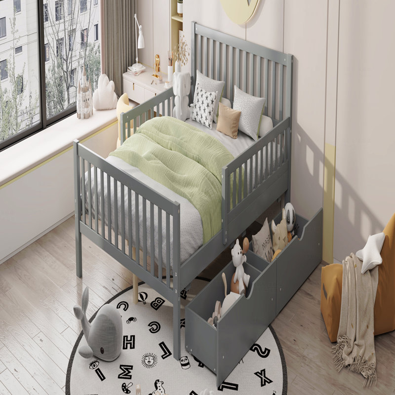 Full Size Wooden Frame Material Platform Bed Frame With Guardrails On Both Sides And Two With Storage Function Drawers, Gray
