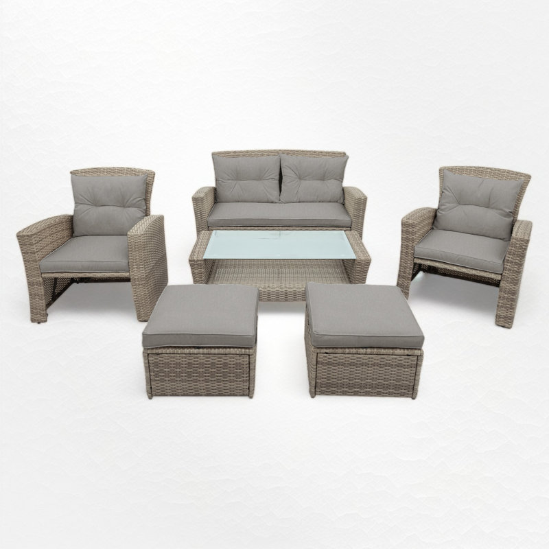 Ensemble de conversation en rotin avec coussins, Gris, 6 pièces: table, canapé, 2 chaises, 2 repose-pie
