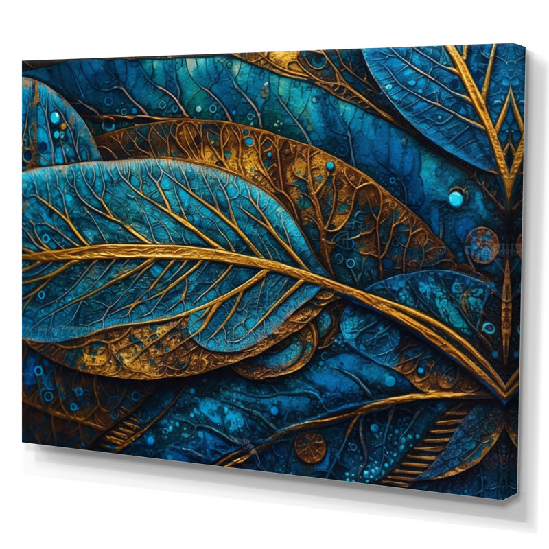 Kalypso, bleu et or, mélodie de Boho I - art mural plume Boho, H 12 po x l 20 po x P 1 po, Toile tendue