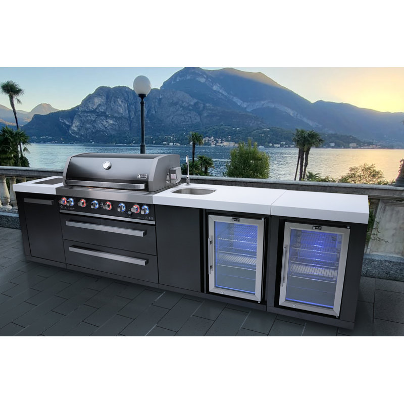 Six Burner Island In All 304 BLACK S/S With White Granite Toppped Cabinets, Infrared Rear And Side Burners. The Grill Includes A Rotis Kit, Full Lighting System Inside The Grill, Color Changing On-Off LED Lights On The Knobs And A Granite Chopping Board.