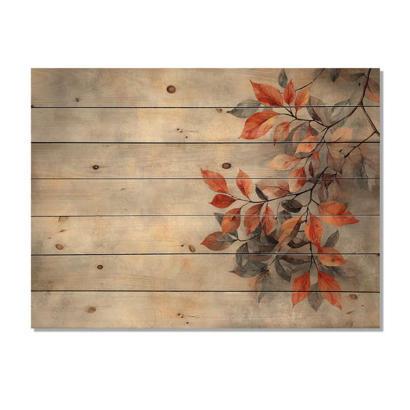 Feuilles d'automne orange VI - décoration murale en bois de feuilles - sur bois de pin naturel, H 10 po x l 20 po