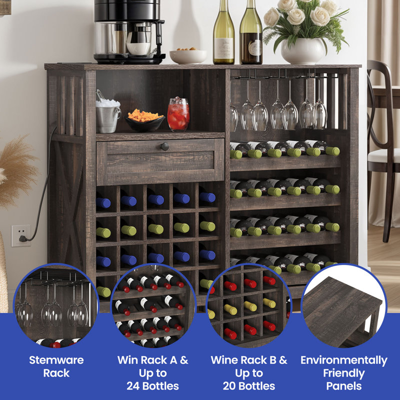 47” Rustic Brown Wine Bar Cabinet with Charging Station