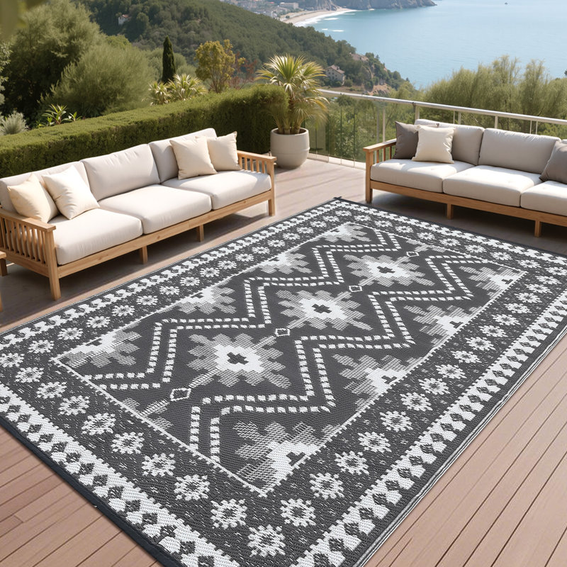 Waterproof Reversible Outdoor Rug Vintage Diamond Design Plastic Straw Mat Durable Easy Clean Carpet for Patio, Deck, Balcony, RV, Camping, Picnic