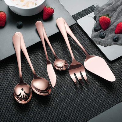 6-Piece Stainless Steel Titanium Plated Flatware Serving Set With Cake Server, Durable Rust-Resistant Elegant Silverware For Formal And Everyday Use