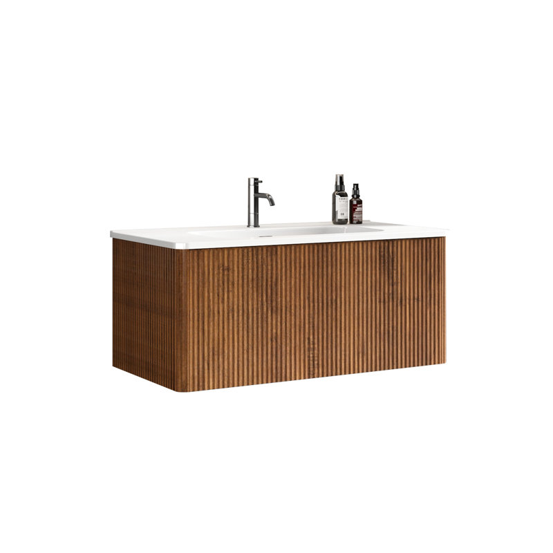 Meuble-lavabo flottant mural 36 po moderne en noyer rayé, lavabo blanc, rebords courbés sécuritaires, tiroir à ouvrir et fixation en forme de U avec aspect noyer, raccord en céramique peu encombrant