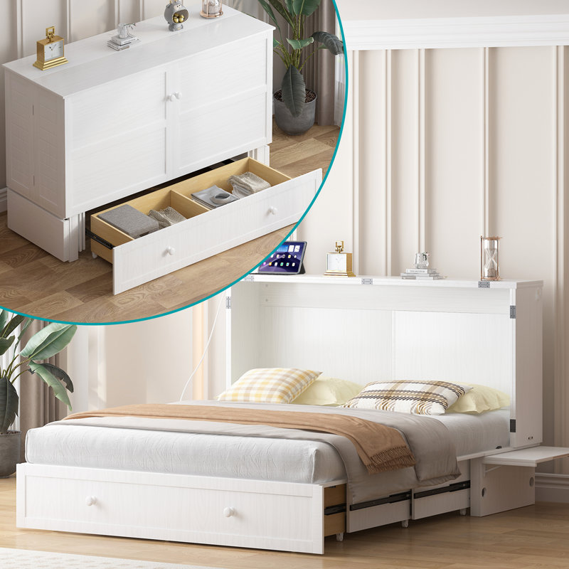 Queen Murphy Bed Cabinet with Storage Drawer,Space-Saving Wall Beds for Home, Office, Guest Room, White