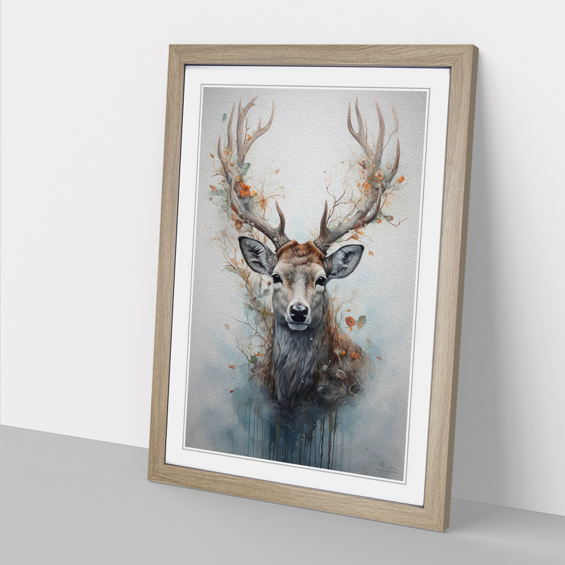 Deer Conceptual - Single Picture Frame Print on Wood, 34cm H x 25cm W, Oak Framed