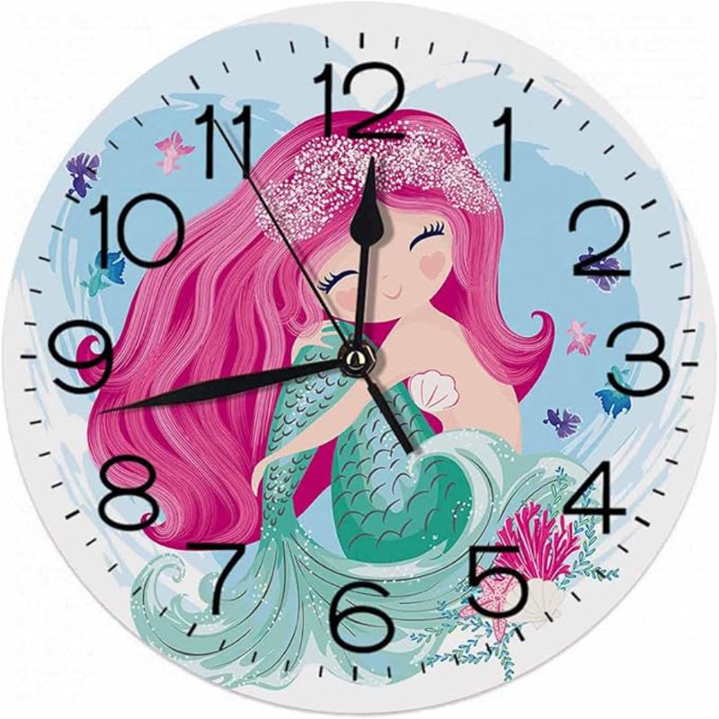 Numland-Sea Girl silencieux tique ronde horloge murale batterie horloge murale rétro décoration, bureau à domicile école décoration murale