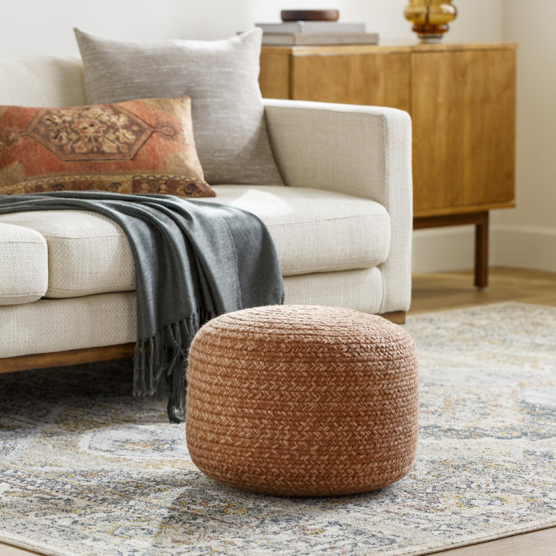 Upholstered Pouf, Light Wood Polyester Blend