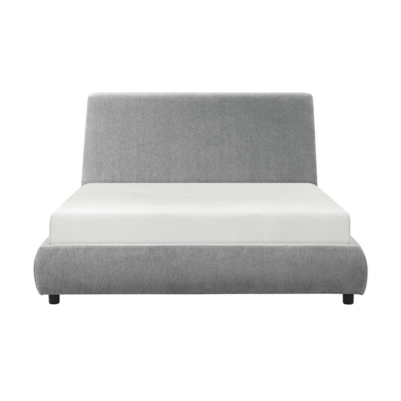 Grand lit moderne en placage de bois avec revêtement en chenille, plateforme ultra-basse pour les chambres élégantes (matelas non inclus)