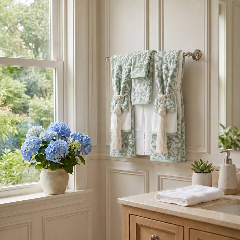 Ensemble de serviettes en jacquard floral 100% coton 550 g / m² vert sauge Skyler, Vert sauge