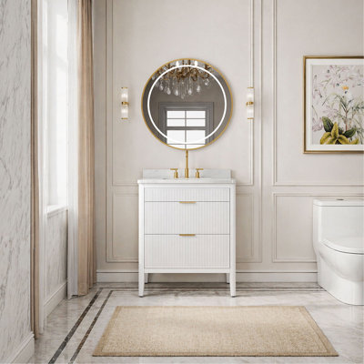 Ensemble de meuble-lavabo autoportant blanc entièrement assemblé de 30 po avec construction en bois massif et plateau en marbre d'ingénierie