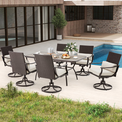 7 Piece Outdoor Patio Dining Set, Large Rectangular Dining Table (1.96'' Umbrella Hole) And 6 Swivel Dining Chairs With Lumbar Pillow, Outdoor Set For Backyard, Poolside,  Patio