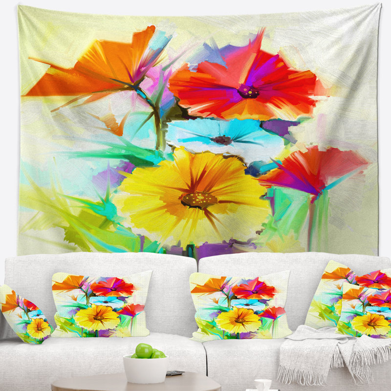 Tapisserie florale colorée à motif de gerberas, H 68 po x l 80 po